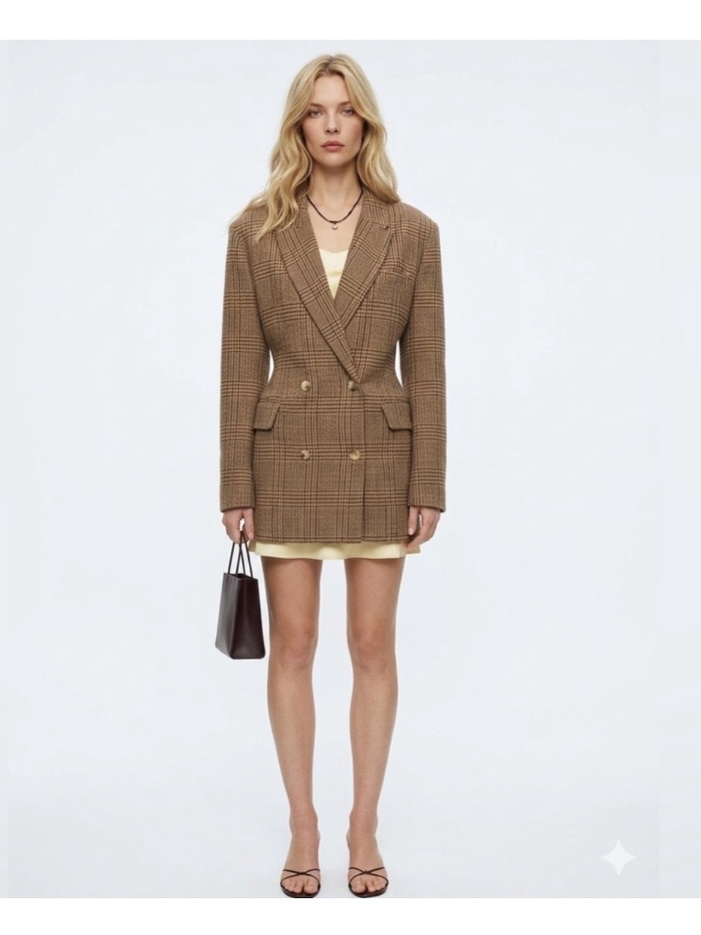 Reformation Brown Houndstooth Plaid Wool Double Breasted Blazer Jacket Large